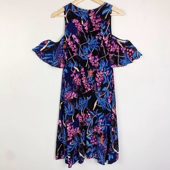 Anthropologie Maeve Elia Blue Floral Cold Shoulder Short Sleeve Midi Dress Sz 8 - Picture 3 of 16
